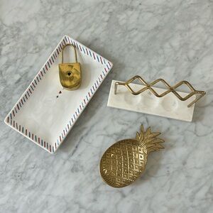 Anthropologie West Elm Brass Marble Tray Trinket Holder Make-up Brush Organizer